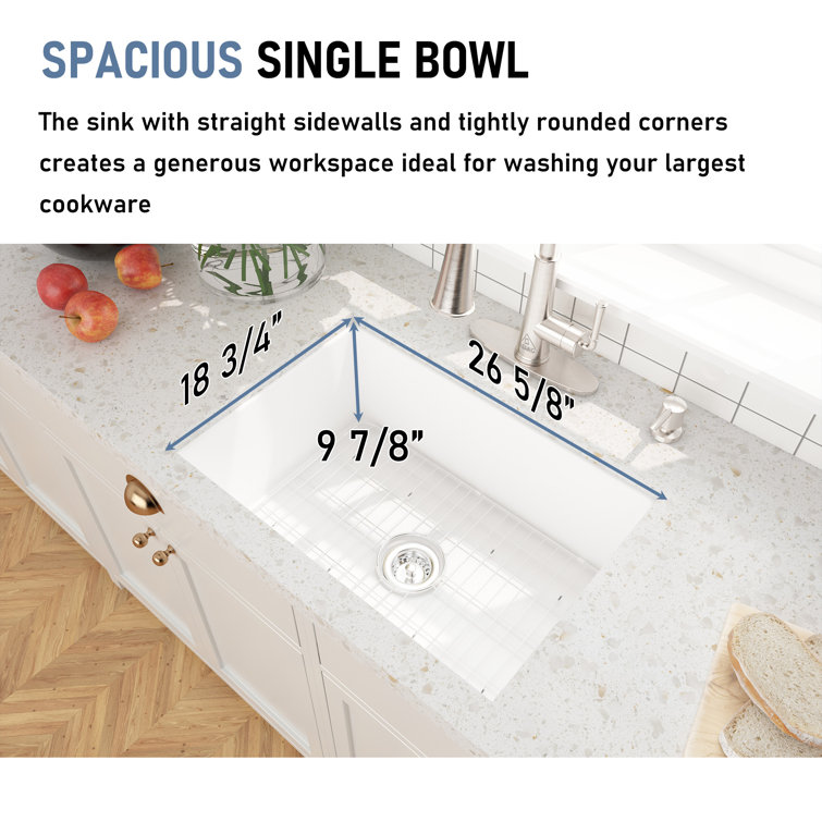 Glossy White 27" Fireclay Single Bowl Drop-In Kitchen Sink