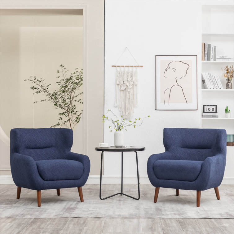 Blue Velvet Barrel Accent Chair Set with Solid Wood Legs