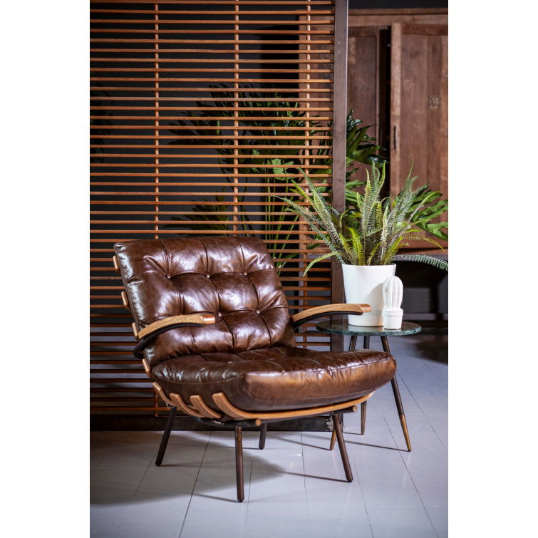 Cognac Black Faux Leather Tufted Armchair with Metal Legs