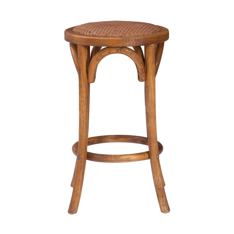 Walnut Brown Elm Wood & Rattan 24" Backless Counter Stool