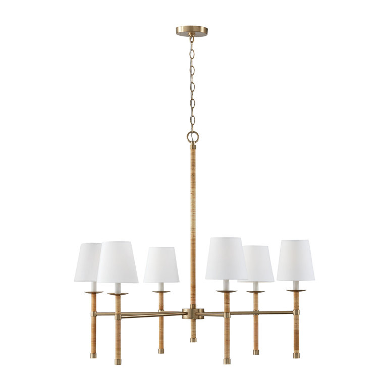 Matte Brass 6-Light Chandelier with White Fabric Shades