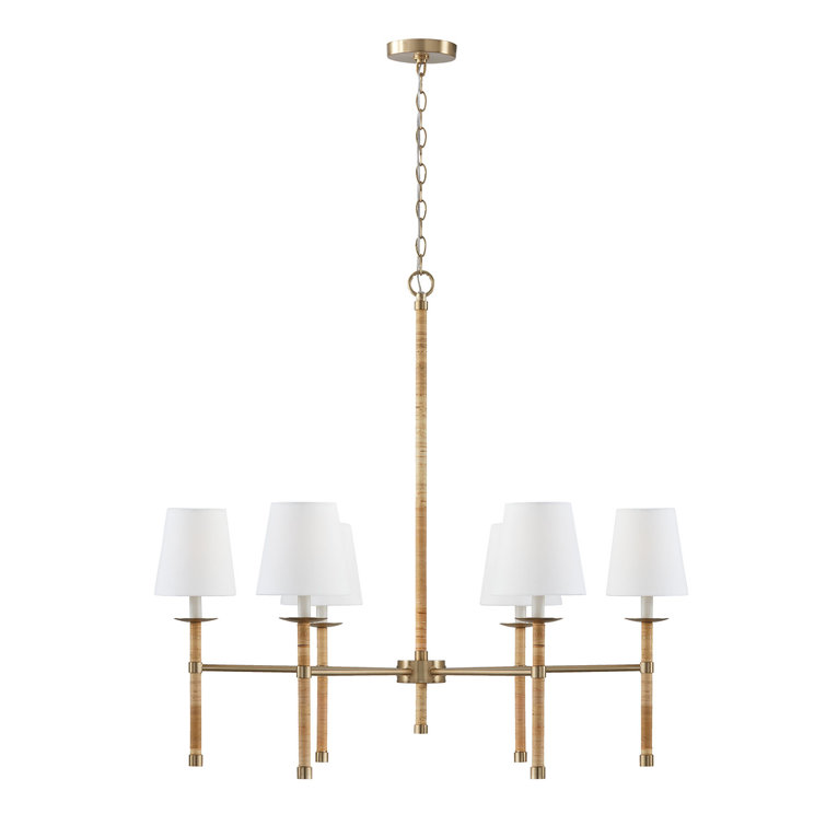 Matte Brass 6-Light Chandelier with White Fabric Shades