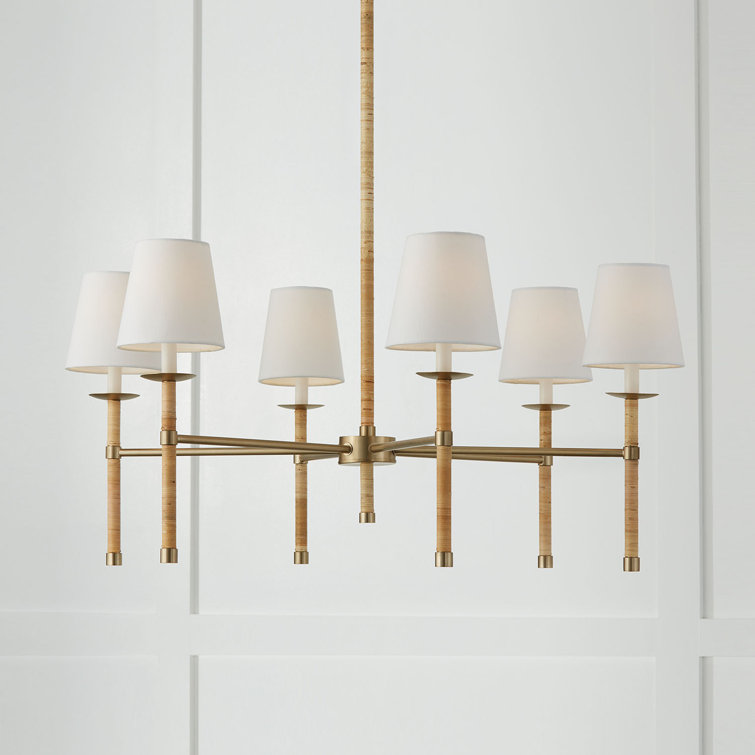 Matte Brass 6-Light Chandelier with White Fabric Shades