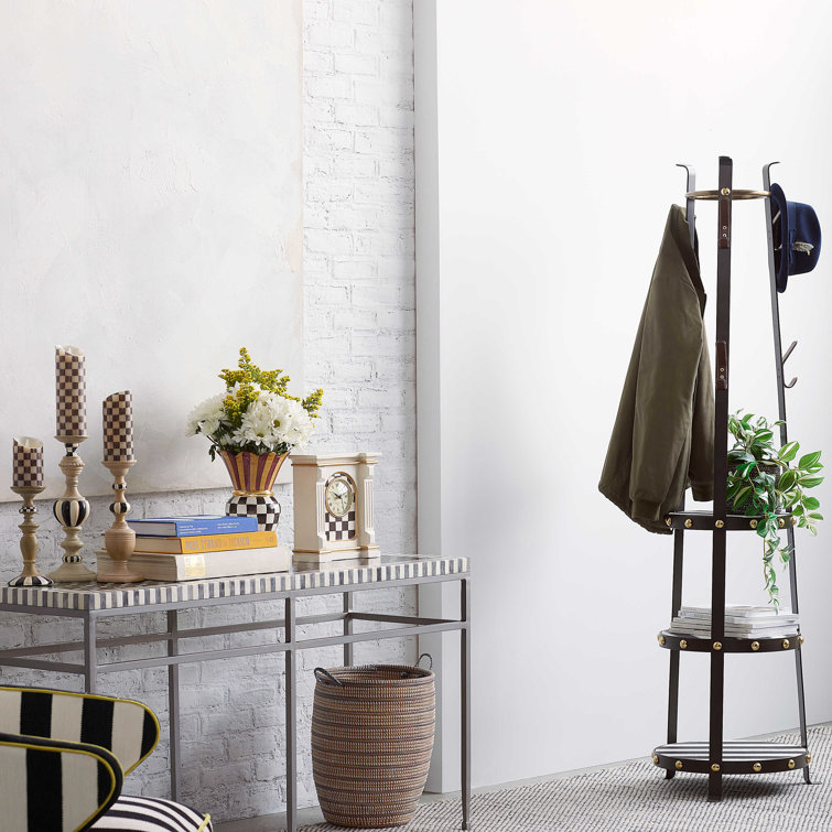 Black and White Iron Coat Tree with Leather Shelves