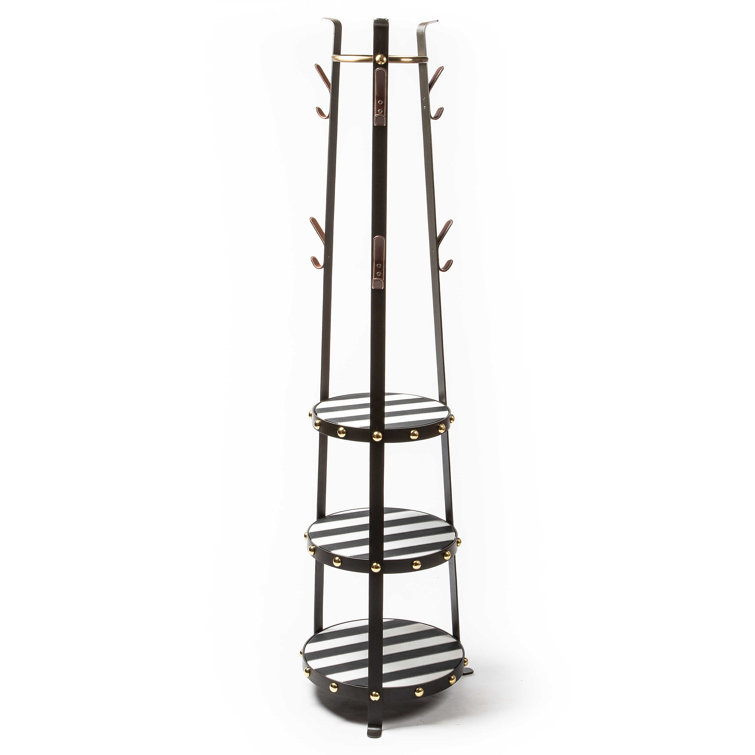 Black and White Iron Coat Tree with Leather Shelves