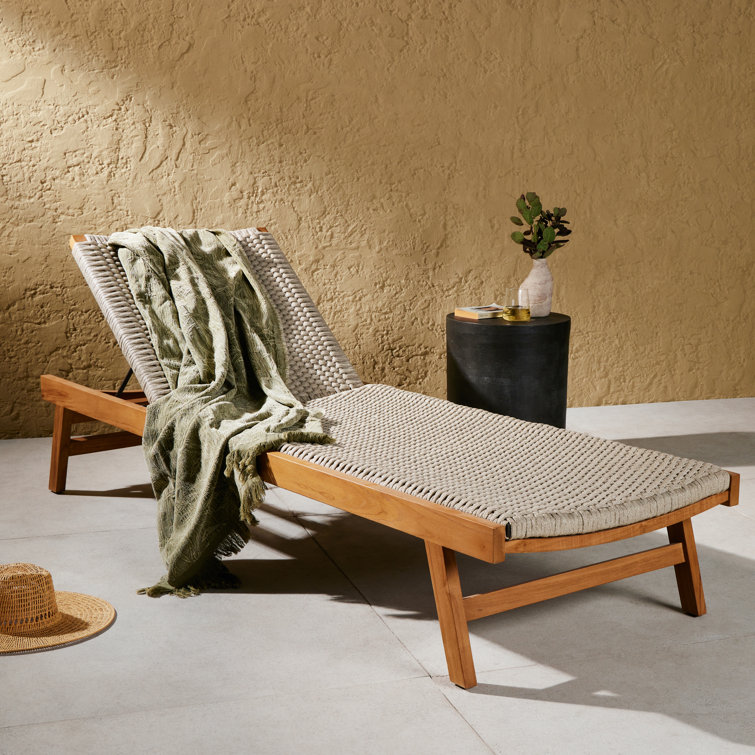 Weathered Gray and Black Teak Outdoor Chaise Lounge