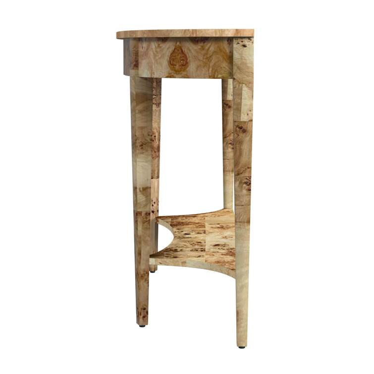 Light Burl Wood Demilune Console Table with Storage Shelf