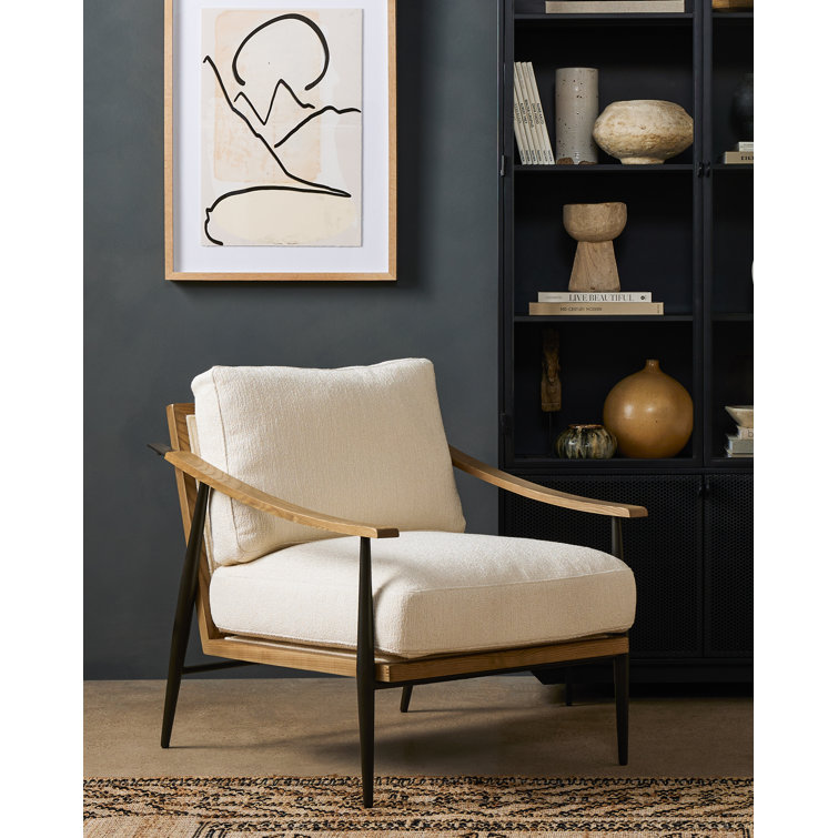 Chenille Olive Green Accent Chair with Rattan Inlay and Wooden Frame
