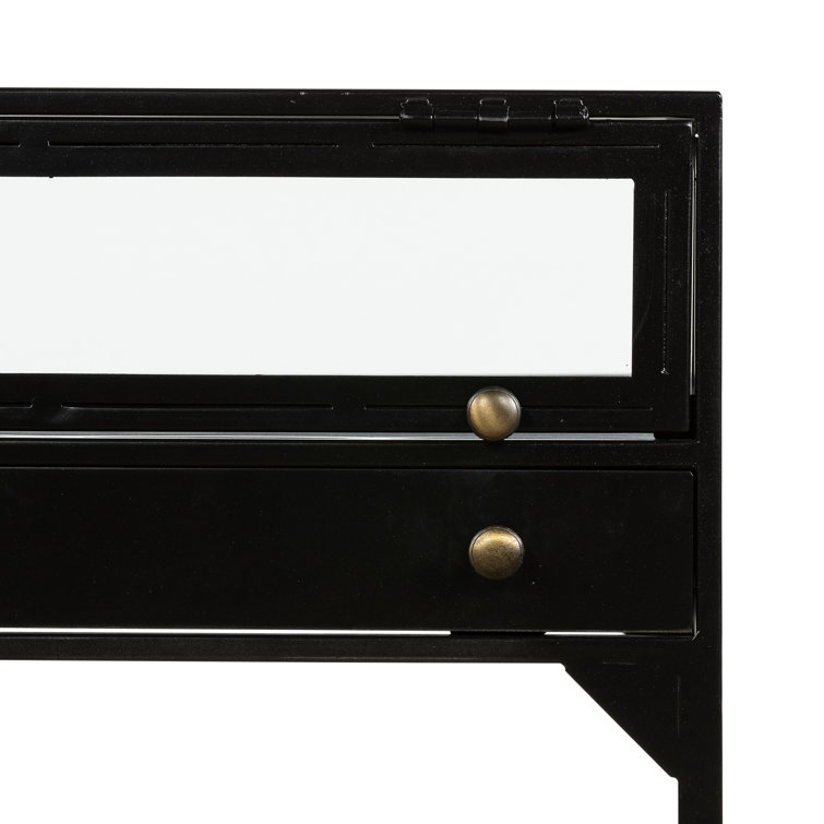 Black Metal and Glass Square End Table with Storage