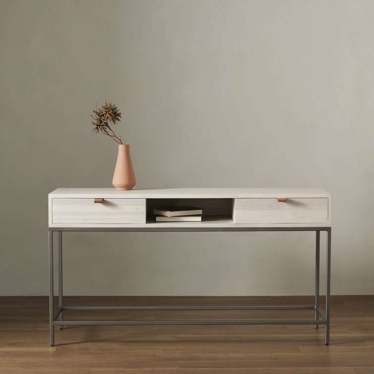 Mid-Century Modern Dove Poplar Console Table with Leather Pulls