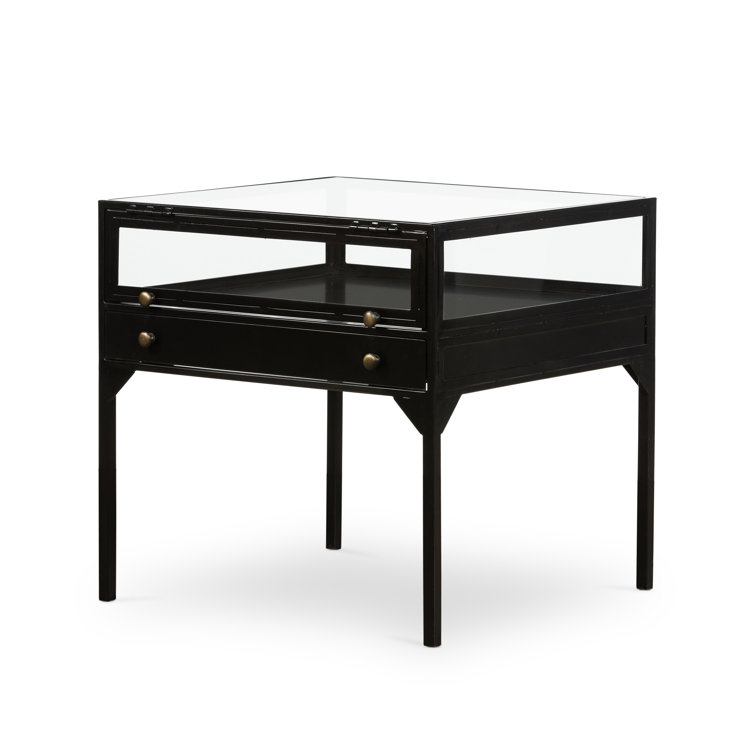 Black Metal and Glass Square End Table with Storage