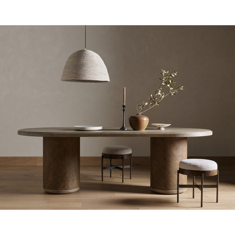 Contemporary Cream Tufted Round Ottoman with Beech Wood Top