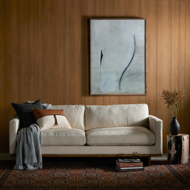Modern Off-White Fabric Sofa with Wooden Base