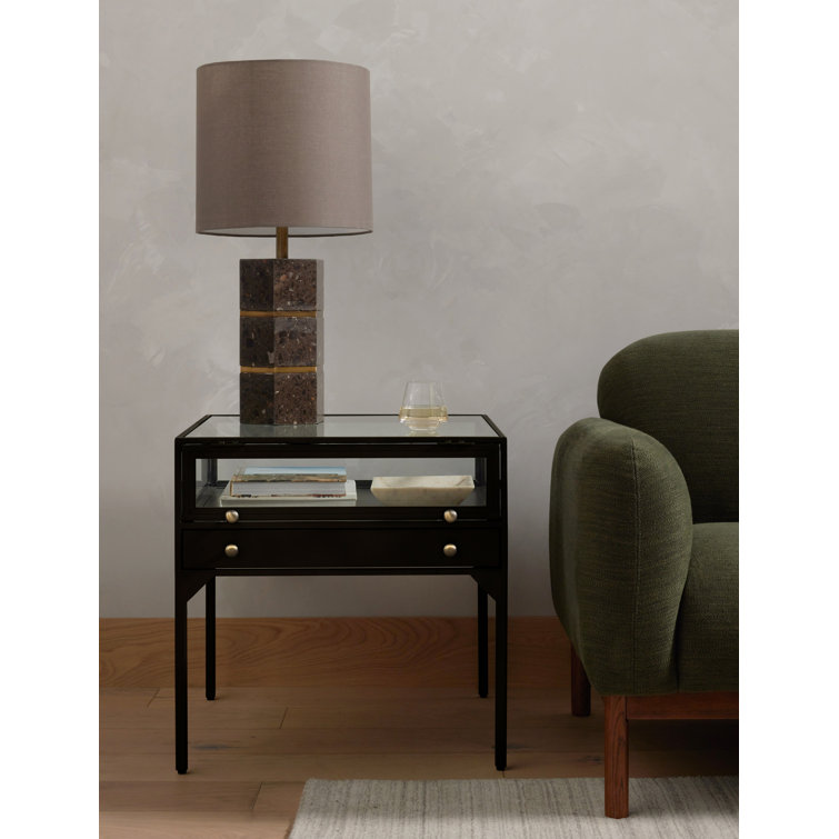 Black Metal and Glass Square End Table with Storage