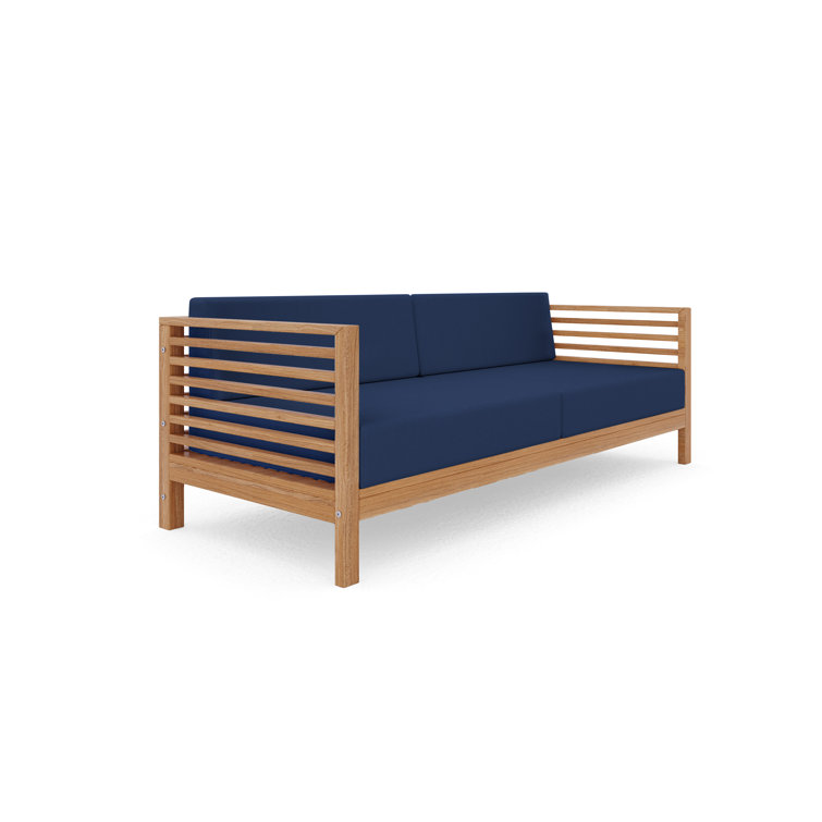 Modern Teak 3-Seat Outdoor Sofa with Navy Cushions