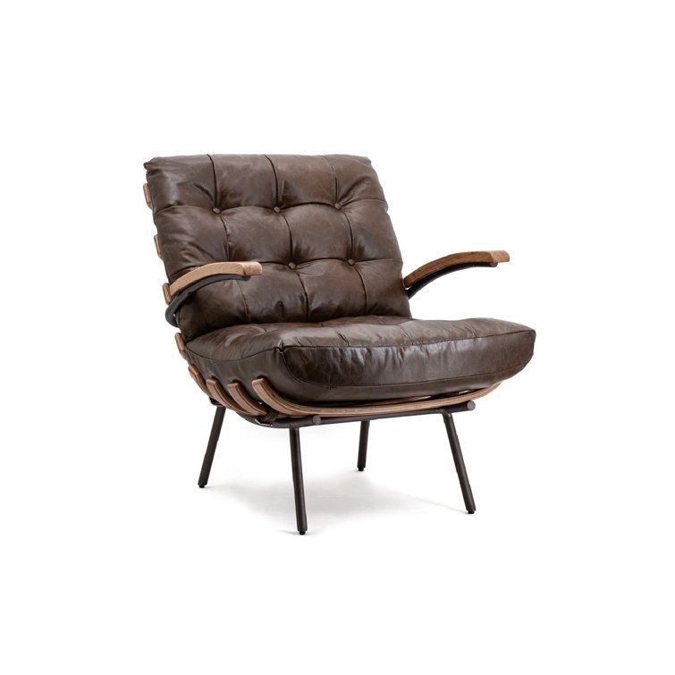 Cognac Tufted Faux Leather Armchair with Metal Frame