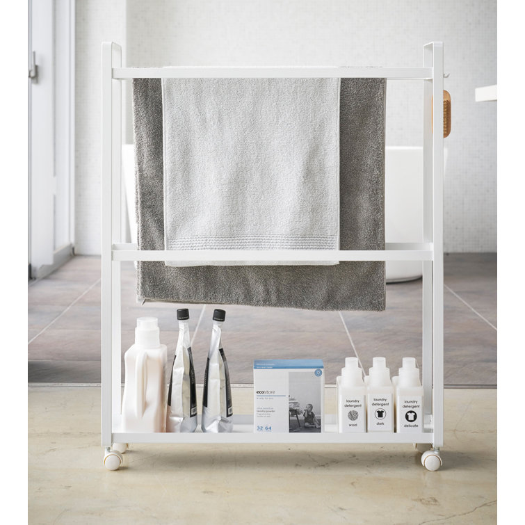 White Rolling Towel Rack with Hooks and Casters