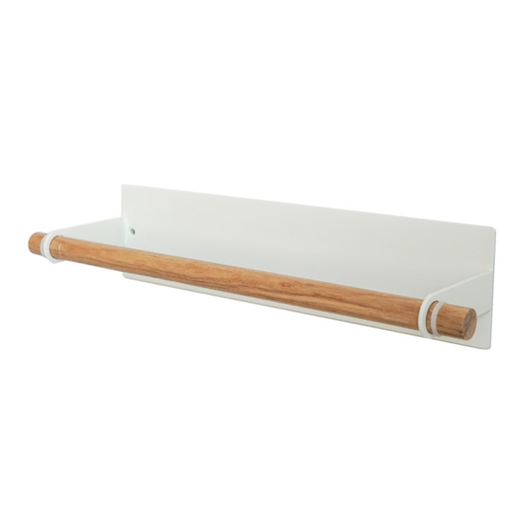 White Magnetic Dish Towel Holder with Wood Accent