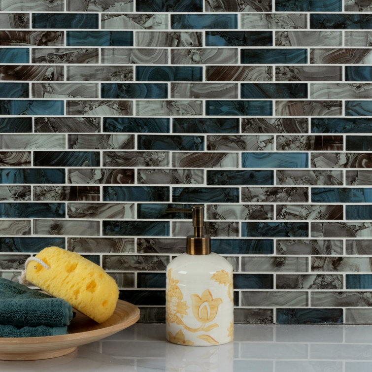 Aqua and Gray Polished Glass Mosaic Tile 12" x 12"