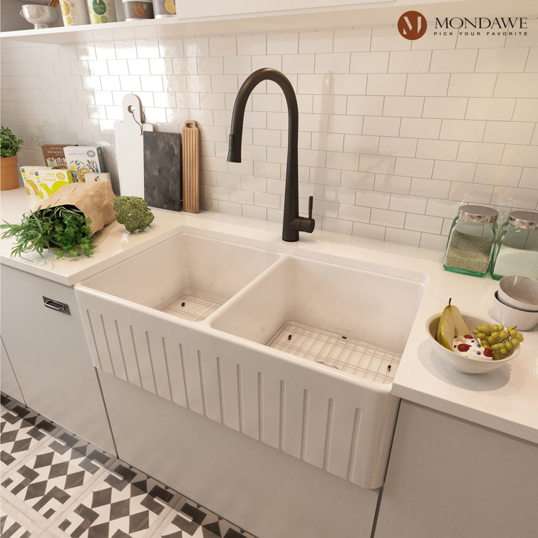White Fireclay Double Bowl Farmhouse Drop-in Sink