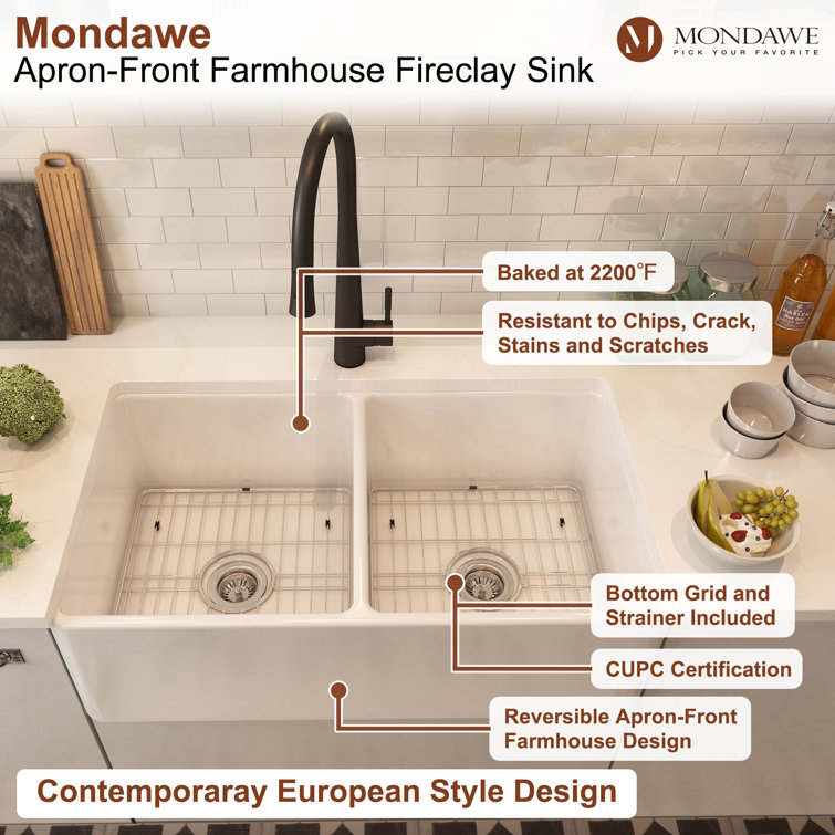 White Fireclay Double Bowl Farmhouse Drop-in Sink