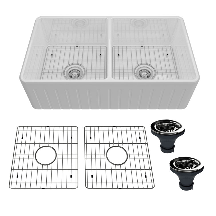 White Fireclay Double Bowl Farmhouse Drop-in Sink