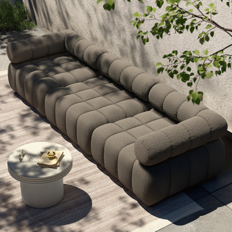 Gray Teak Tuxedo Channel-Tufted Outdoor Sectional Sofa