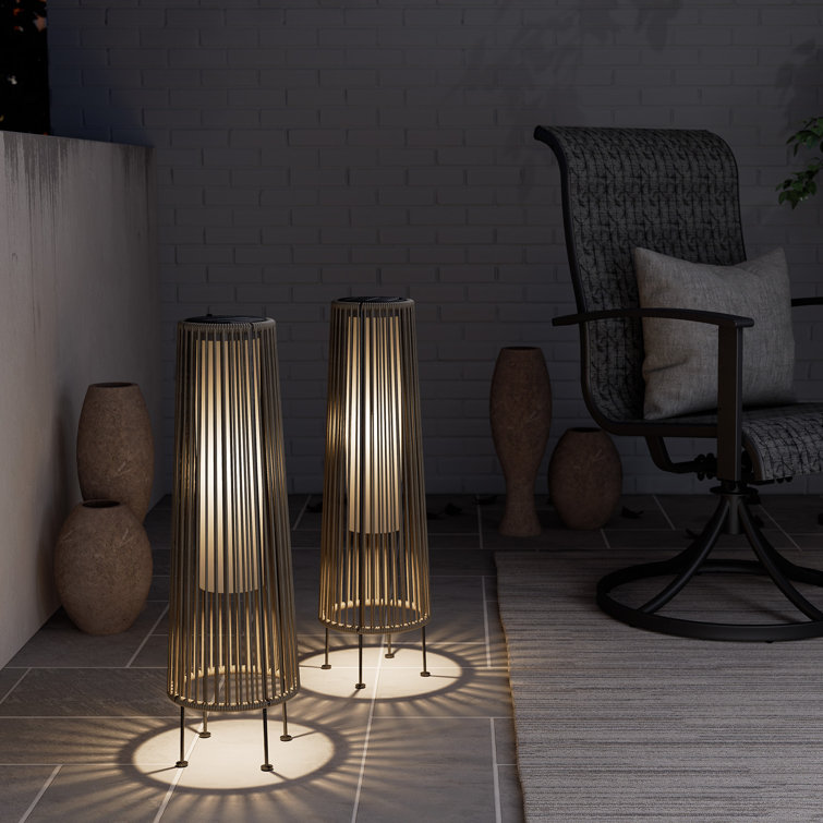 Light Brown Wicker Solar Floor Lamps with LED, 2-Pack