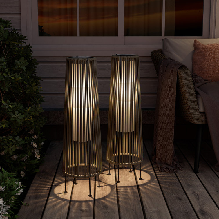 Light Brown Wicker Solar Floor Lamps with LED, 2-Pack