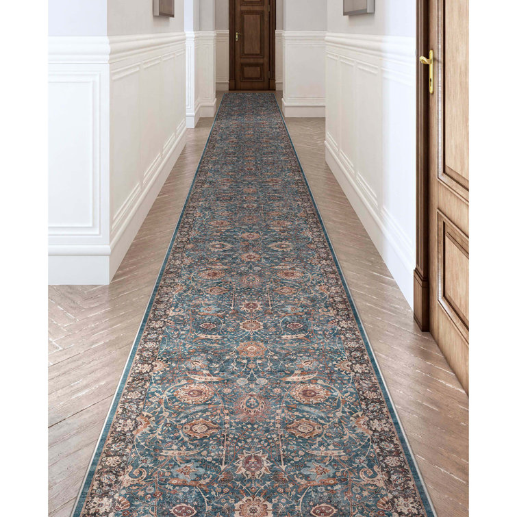 Teal and Beige Oriental Chenille Runner Rug 2'7" x 24'9"