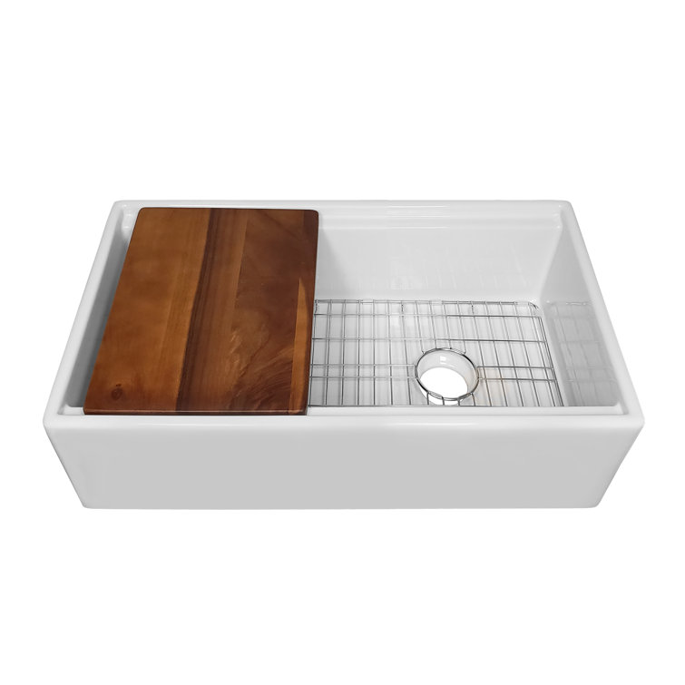 White Fireclay Farmhouse Single Bowl Kitchen Sink with Walnut Cutting Board