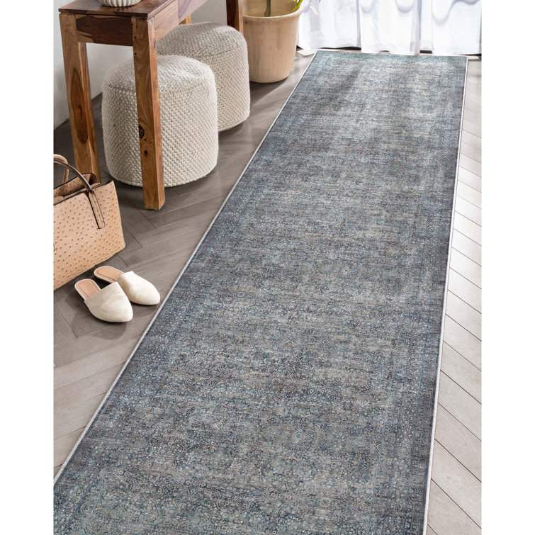 Blue Chenille Oriental Runner Rug 2'7" x 9'6"
