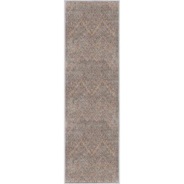 Gray Geometric Machine Woven Runner Rug with Tribal Pattern