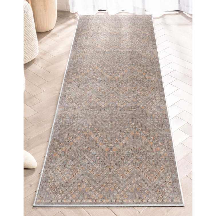 Gray Geometric Machine Woven Runner Rug with Tribal Pattern