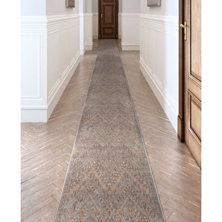 Gray Geometric Machine Woven Runner Rug 2'3" x 24'9"