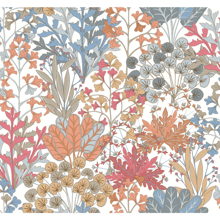 Coral and Blue Botanical Non-Pasted Washable Wallpaper