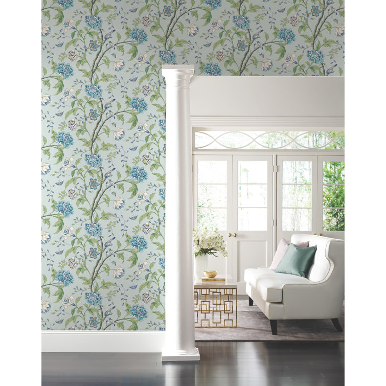 Light Blue Floral and Bird Removable Wallpaper Roll