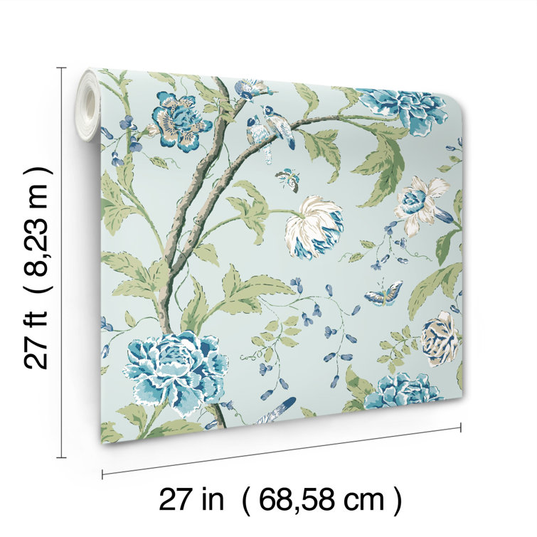 Light Blue Floral and Bird Removable Wallpaper Roll