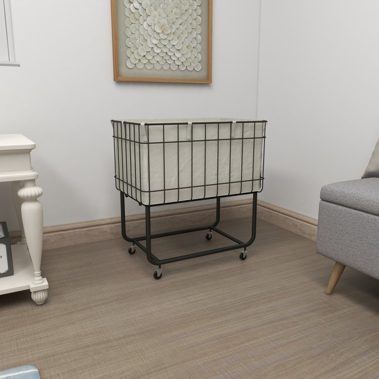 Black Metal Wire Basket Storage Cart with Wheels and Fabric Lining