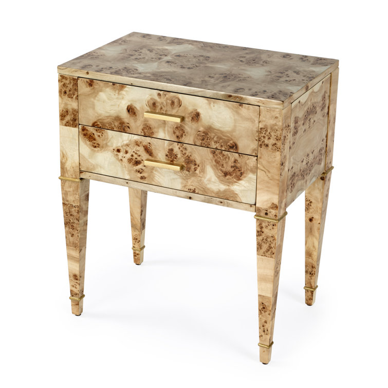 Kai Natural Burl Wood 2-Drawer End Table with Gold Accents