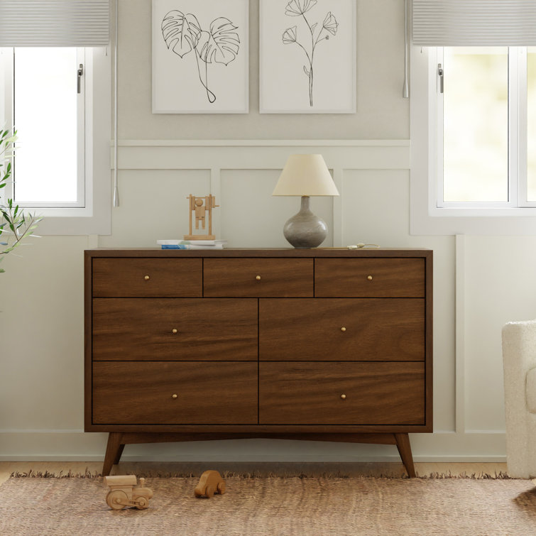 Natural Walnut Mid-Century 7-Drawer Double Dresser