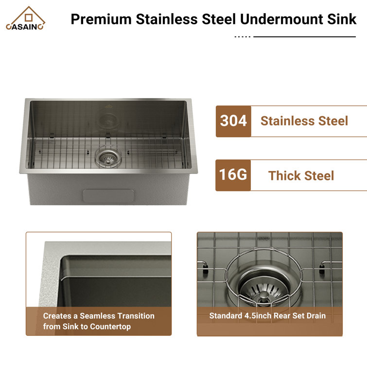 30'' Silver Stainless Steel Undermount Single Bowl Kitchen Sink