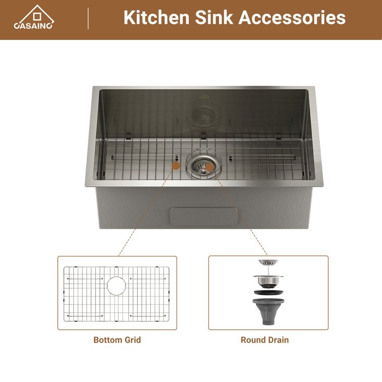 30'' Silver Stainless Steel Undermount Single Bowl Kitchen Sink