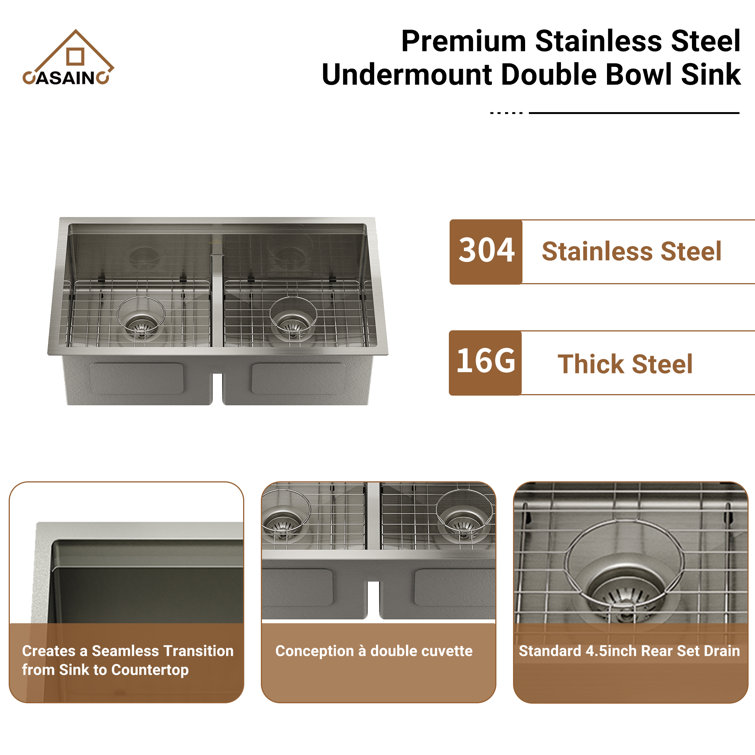 33'' Stainless Steel Undermount Double Bowl Kitchen Sink with Faucet