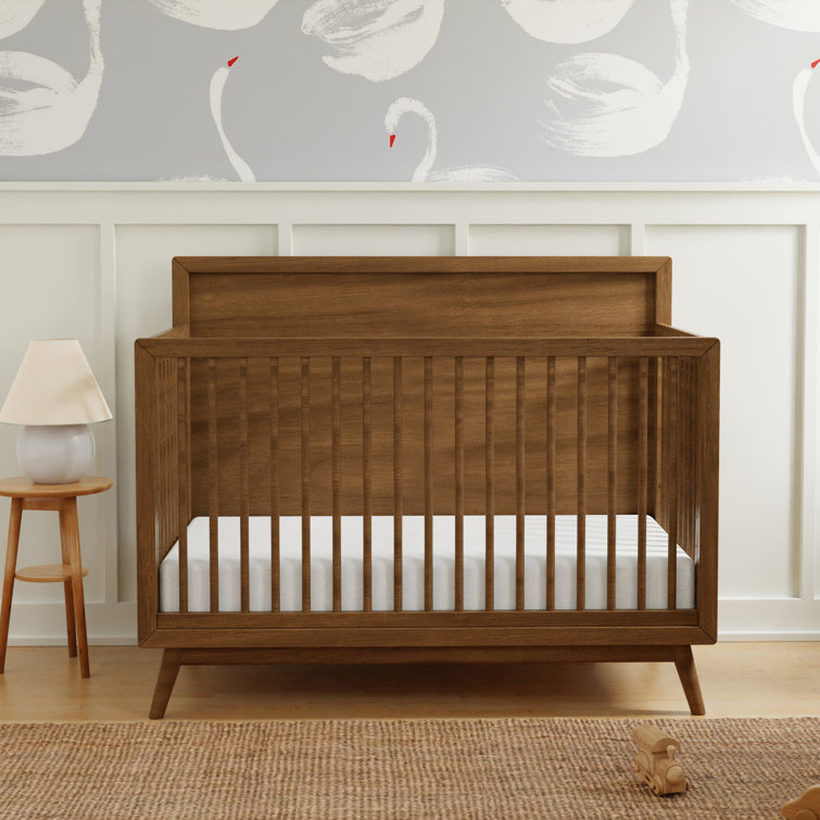 Olive Green Mid-Century Modern Convertible Crib with Tapered Legs
