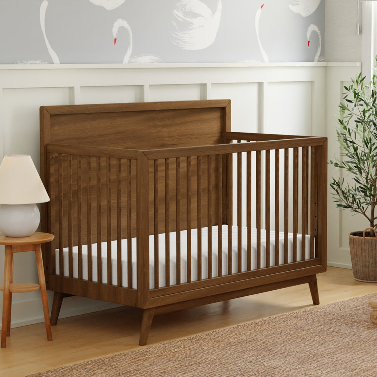 Olive Green Mid-Century Modern Convertible Crib with Tapered Legs
