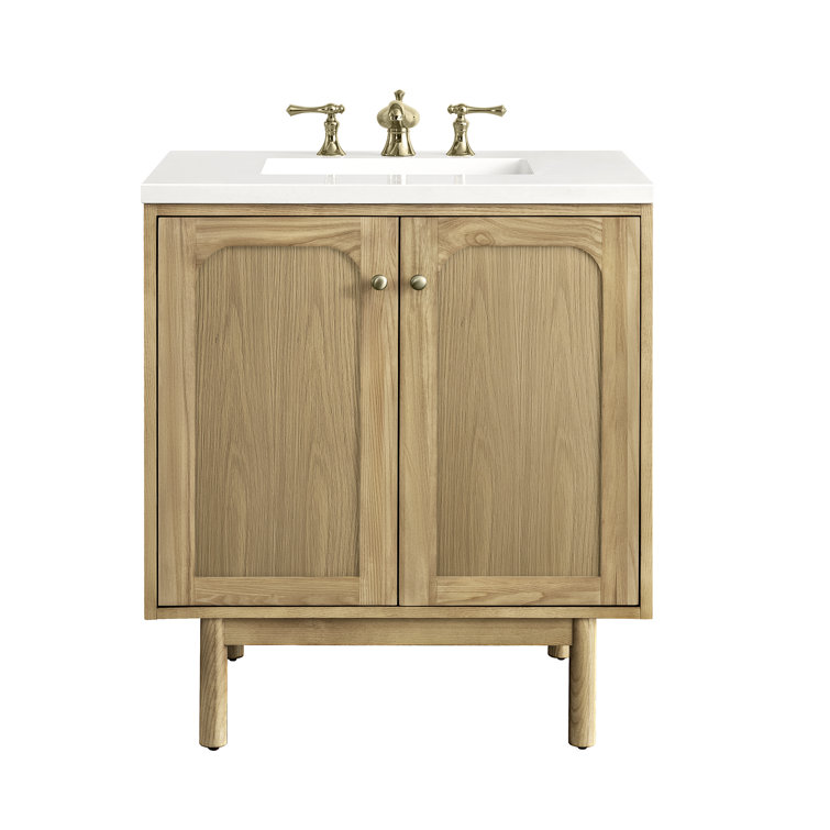 Light Natural Oak Wall-Mount Single Vanity with White Quartz Top