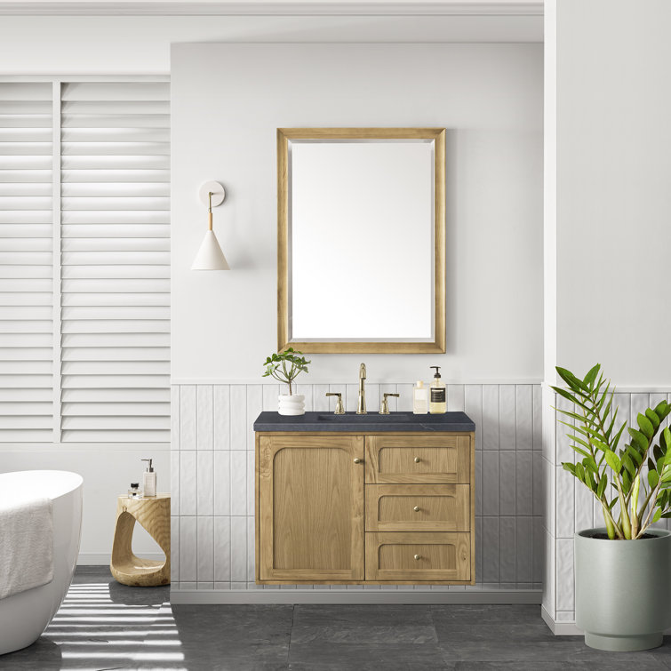 Laurent 36" Light Natural Oak Wall-Mount Vanity with Charcoal Quartz Top
