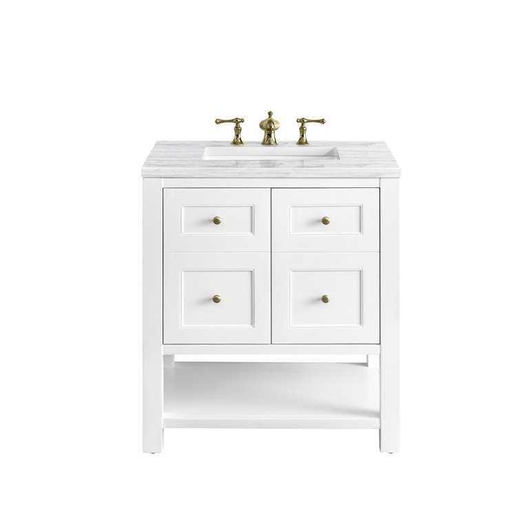 Bright White Solid Wood Single Vanity with Brass Knobs