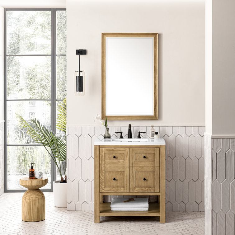 Bright White Solid Wood Single Vanity with Brass Knobs